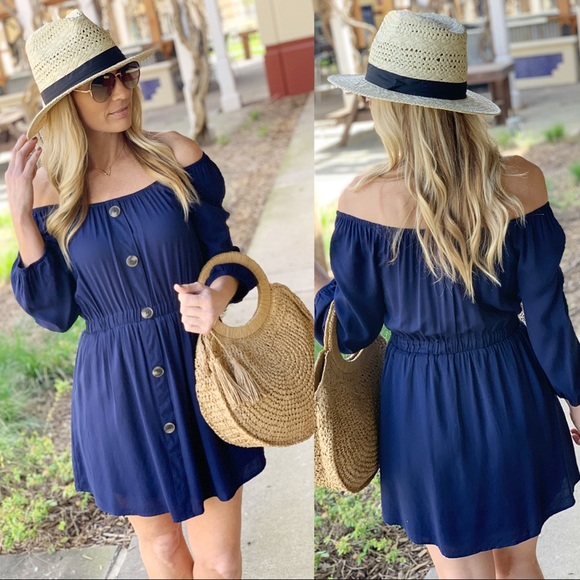 Infinity Raine Dresses & Skirts - ✨LAST ONE✨Navy Off Shoulder Button Front Dress Infinity Raine Dresses & Skirts - ✨LAST ONE✨Navy Off Shoulder Button Front Dress